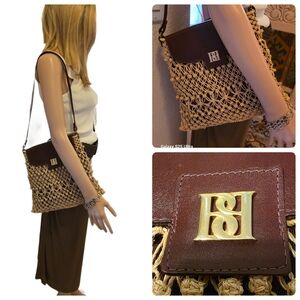 Vintage Borelli Collection Macrame & Leather Shoulder Bag - Oxblood 70s Boho